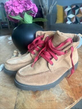 Sorel Tan Suede Ankle Boots with Red Laces